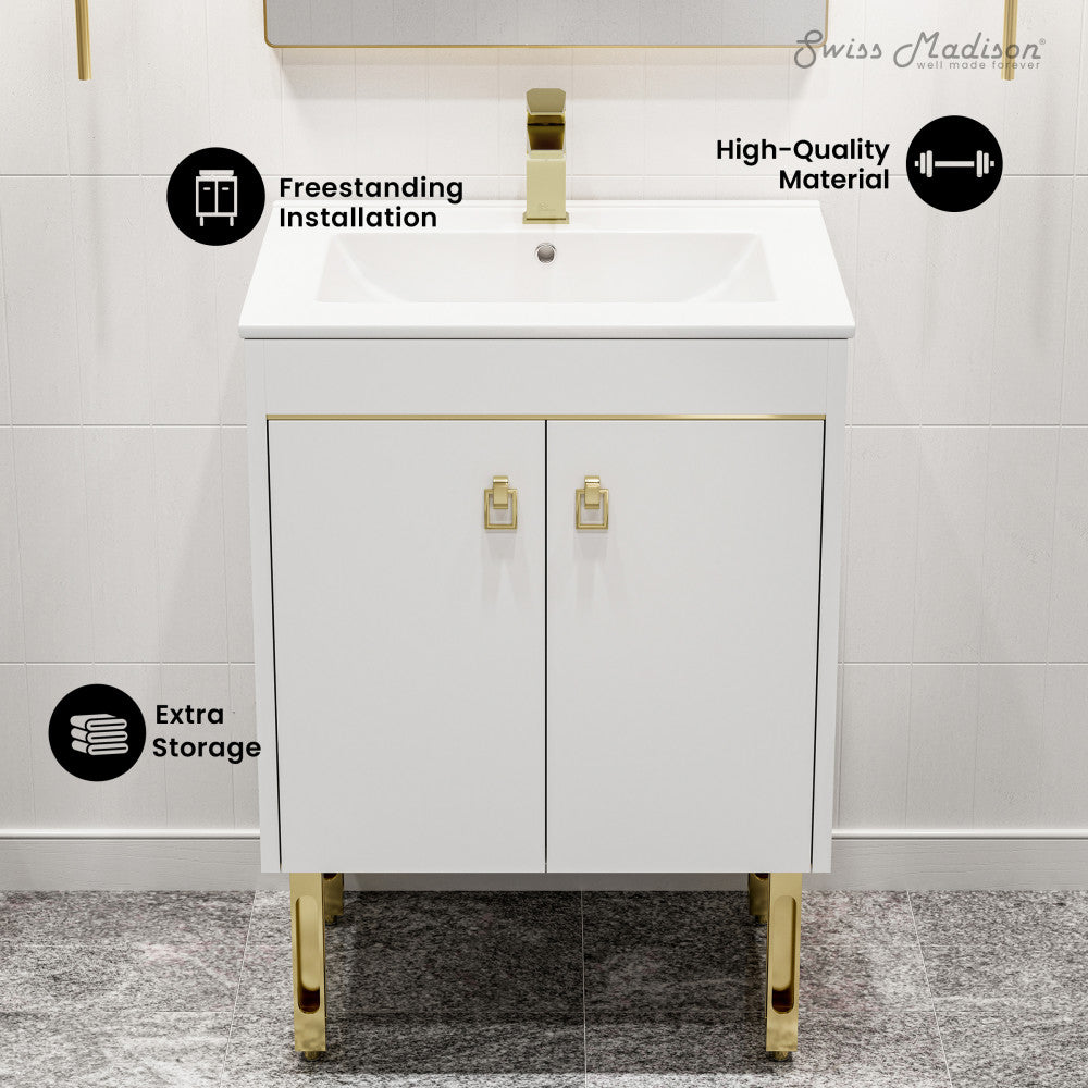 24-inch freestanding white bathroom vanity with single sink and gold hardware.
