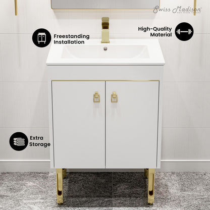 24-inch freestanding white bathroom vanity with single sink and gold hardware.