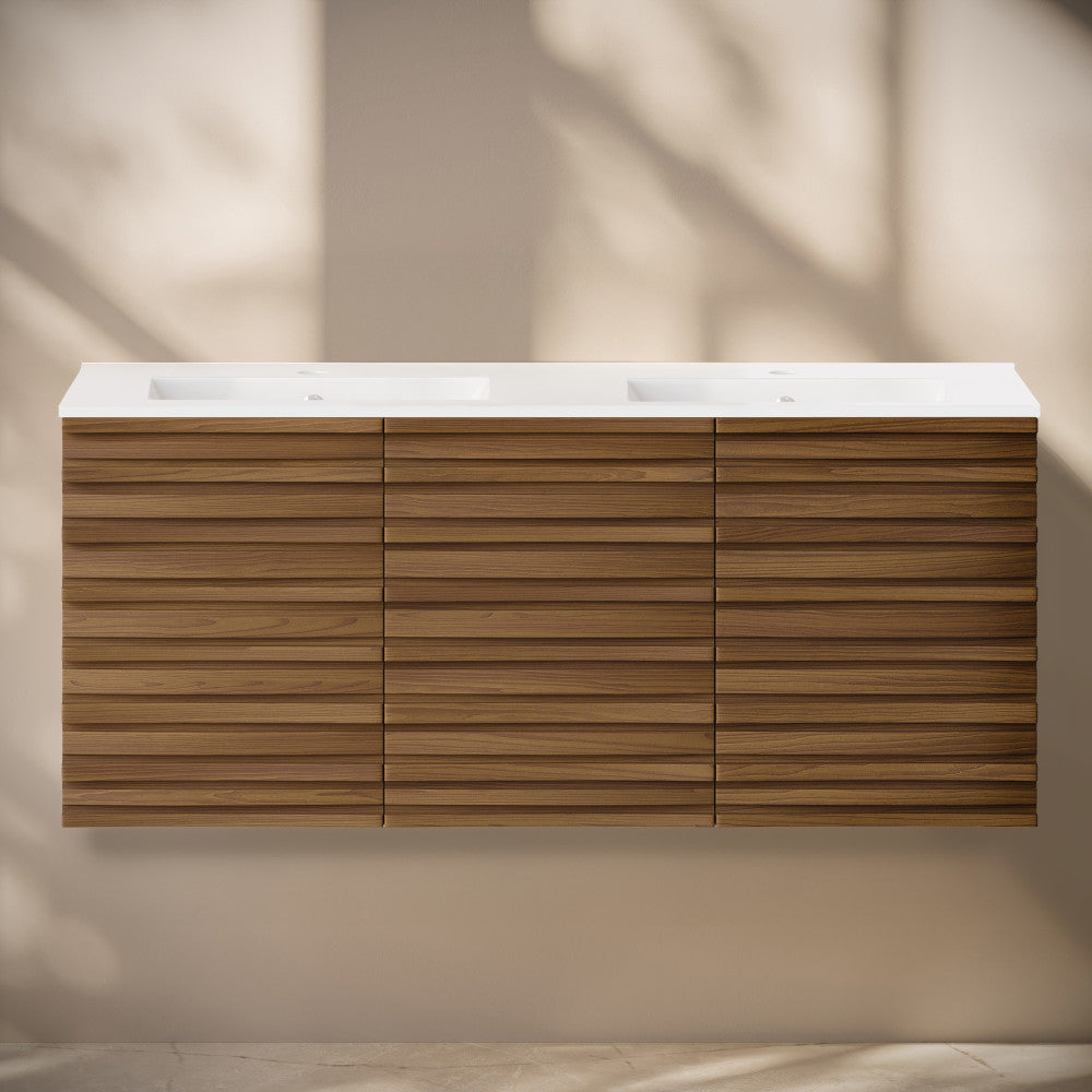 Cascade 48" Wall-Mounted Bathroom Vanity in Brown Oak with Double Basin Sink Top