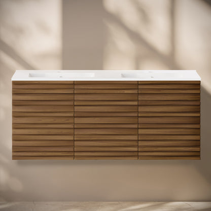 Cascade 48" Wall-Mounted Bathroom Vanity in Brown Oak with Double Basin Sink Top