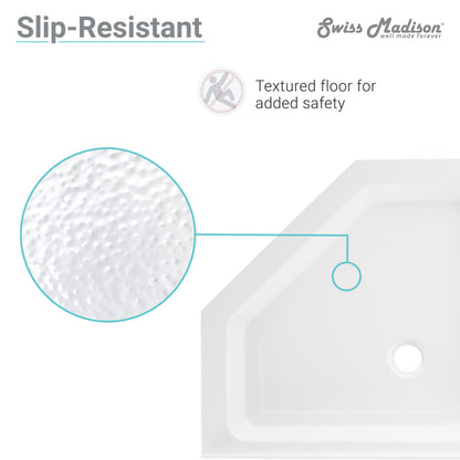 42" x 42" white acrylic neo-angle shower base with center drain and textured slip-resistant floor.