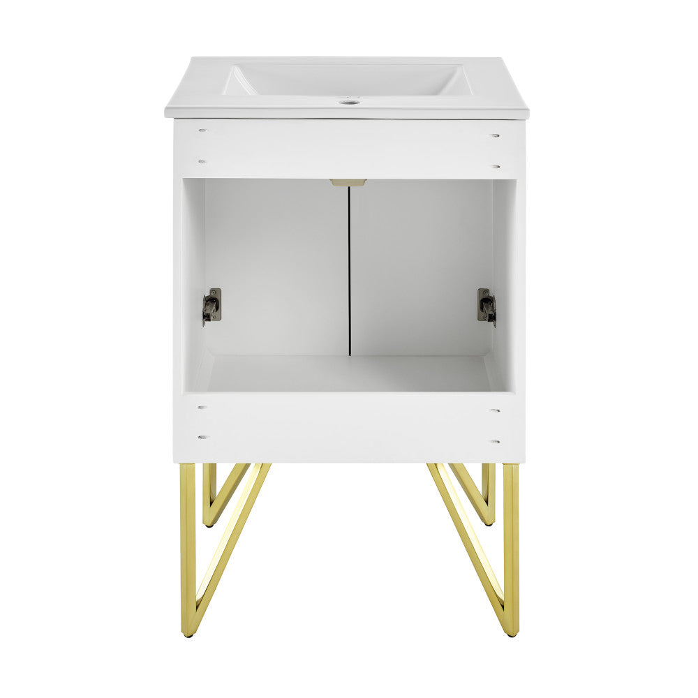 24-inch freestanding bathroom vanity in galaxy white with sink top and gold metal legs, open storage space.