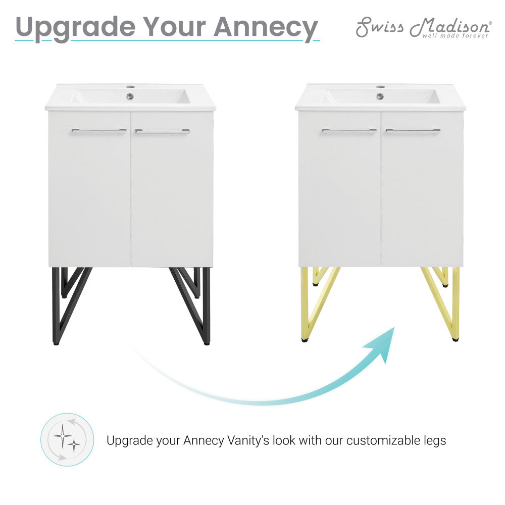 Annecy vanity with brushed gold replacement legs, modern angular design, freestanding style.