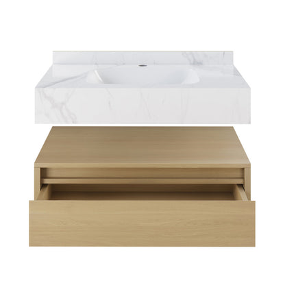 Avancer 36" Wall-Mounted Bathroom Vanity in Natural Oak with White Marble Sink Top