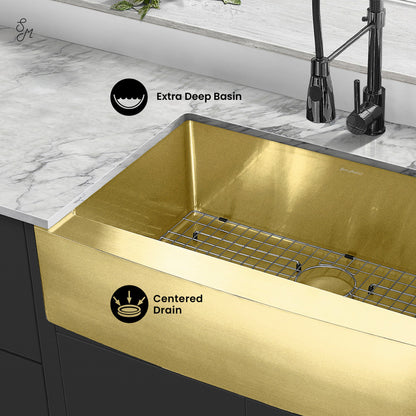 Rivage 33 x 21 Stainless Steel, Single Basin, Farmhouse Kitchen Sink with Apron in Gold