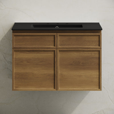 St. Tropez 30" Wall-Mounted Bathroom Vanity in Brown Oak with Black 3-Hole Widespread Sink Top