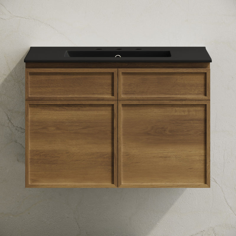 St. Tropez 30" Wall-Mounted Bathroom Vanity in Brown Oak with Black 3-Hole Widespread Sink Top