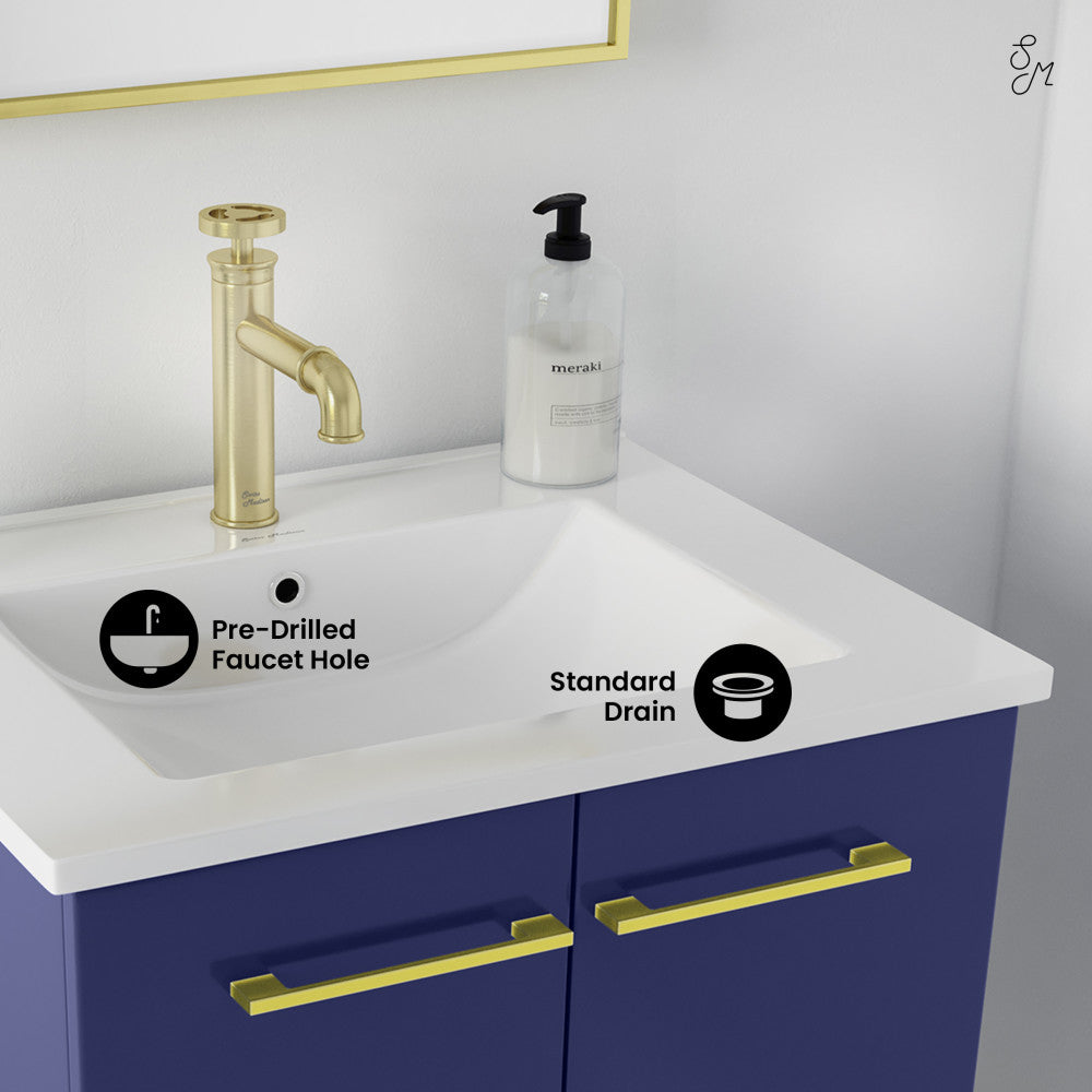 24-inch freestanding bathroom vanity in navy blue, single sink, soft-close doors, white countertop with pre-drilled faucet.