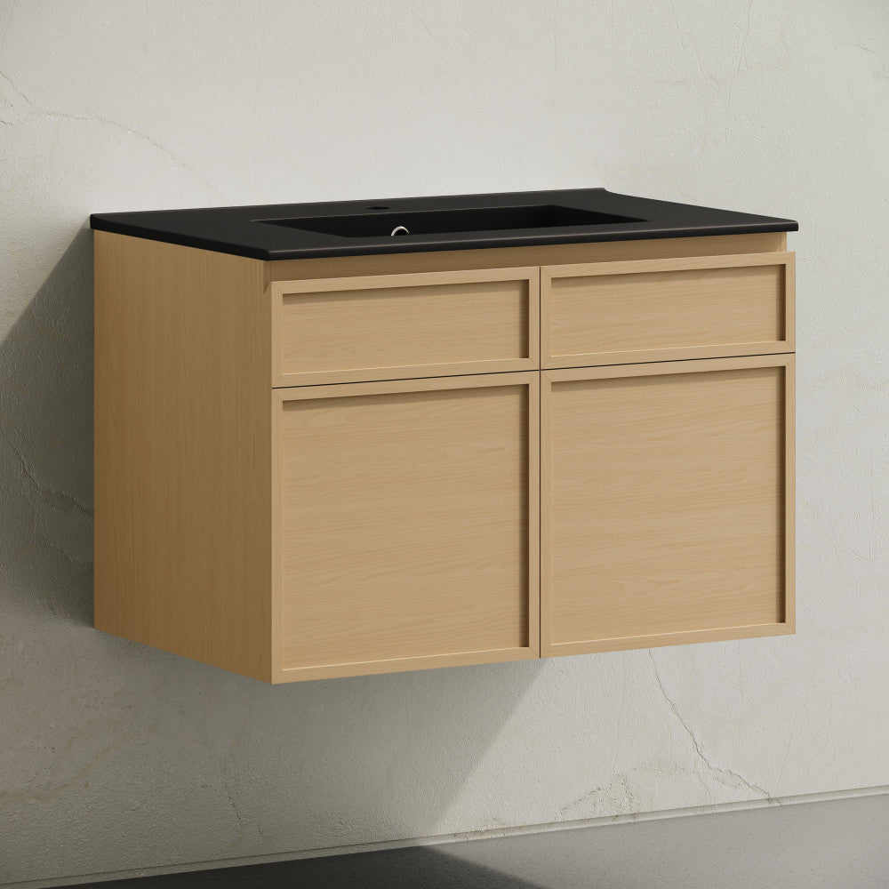 St. Tropez 30" Wall-Mounted Bathroom Vanity in Natural Oak with Black Sink Top