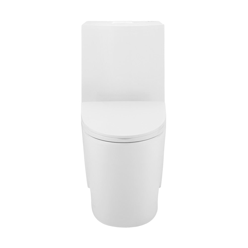 Elongated one-piece white toilet, comfort height, dual-flush with smooth rounded tank and base design.