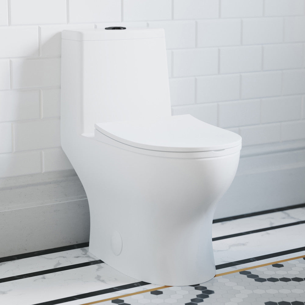 Elongated one-piece toilet in white with black hardware, Dual Vortex™ dual flush system, compact design.