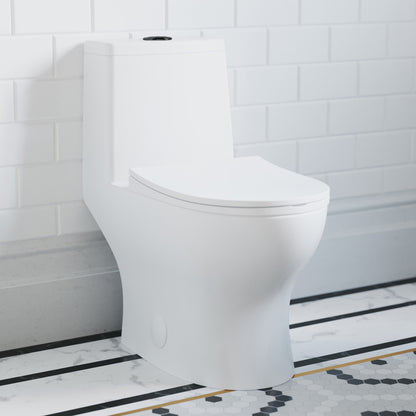 Elongated one-piece toilet in white with black hardware, Dual Vortex™ dual flush system, compact design.