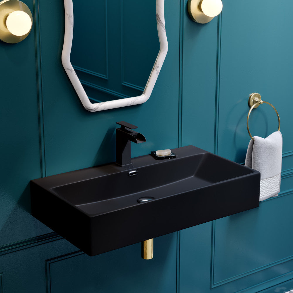 30" matte black rectangle wall-mount bathroom sink with integrated faucet and slim profile.