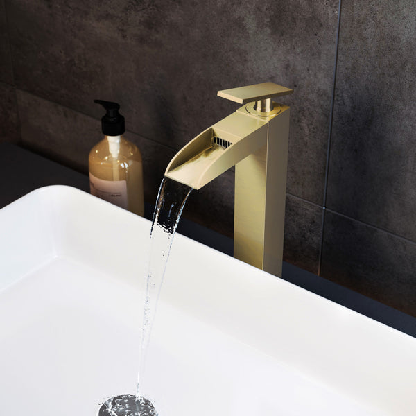 Single-handle high arc waterfall bathroom faucet in brushed gold, sleek modern design.