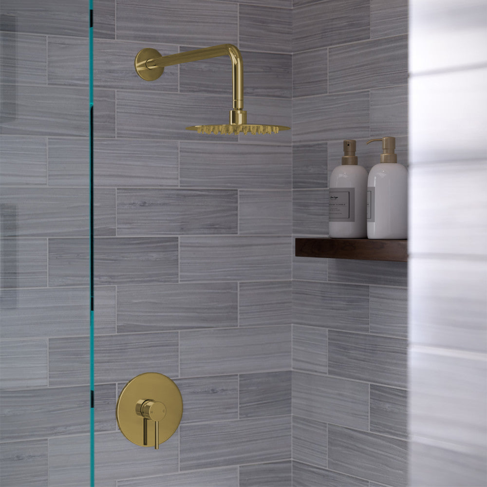 Wall-mounted fixed shower head and single-handle valve in brushed gold, round spray face, Ivy collection.