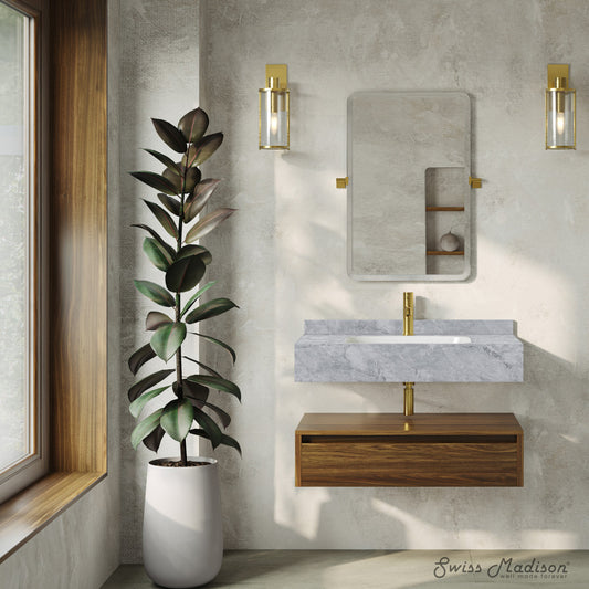 Avancer 36" Wall-Mounted Bathroom Vanity in Brown Oak with Storm Gray Sink Top