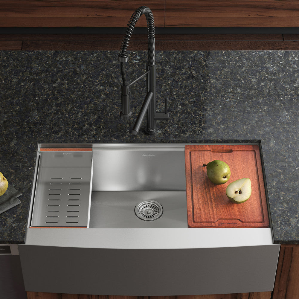 33 x 22-inch stainless steel single basin apron farmhouse workstation kitchen sink with integrated accessories.