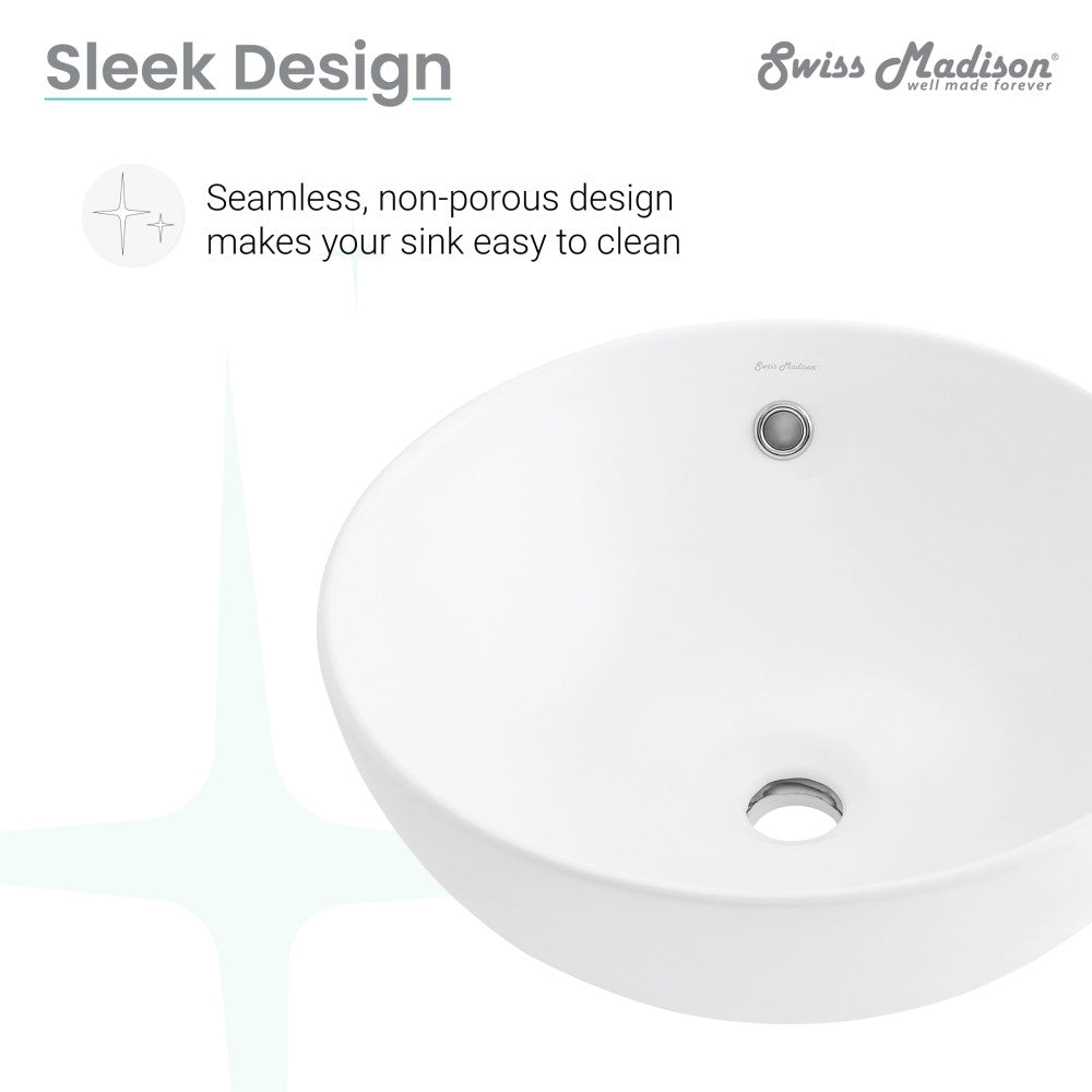 17-inch round vessel sink in matte white with seamless, non-porous design and center drain.