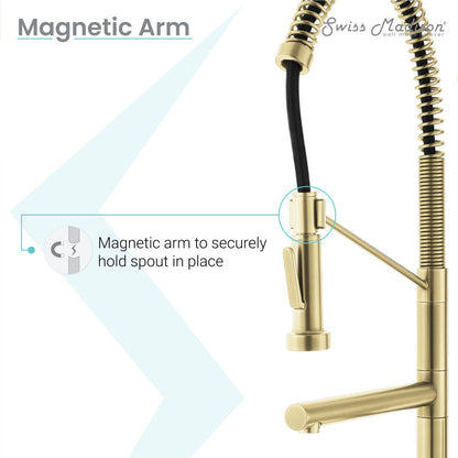 Single handle pull-down kitchen faucet with pot filler in brushed gold finish, magnetic arm for secure spout placement.