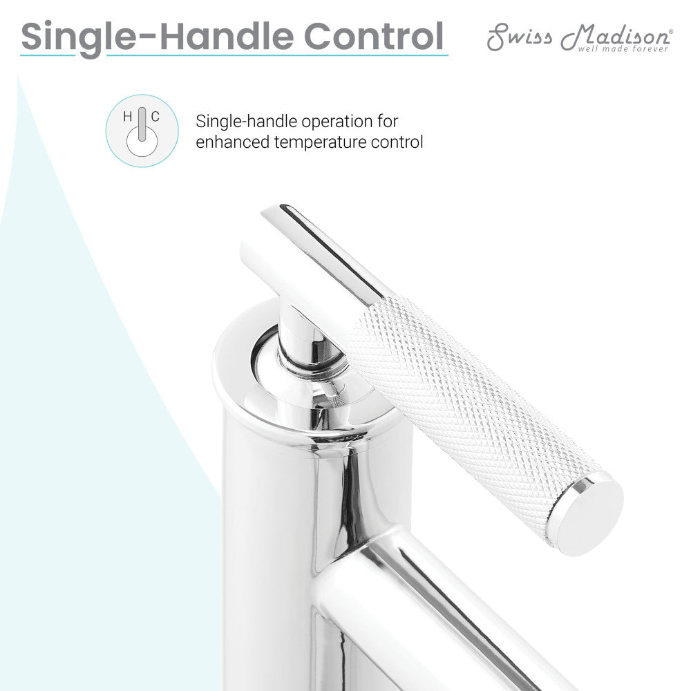 Single-handle bathroom faucet in chrome, sleek modern design with textured lever handle.