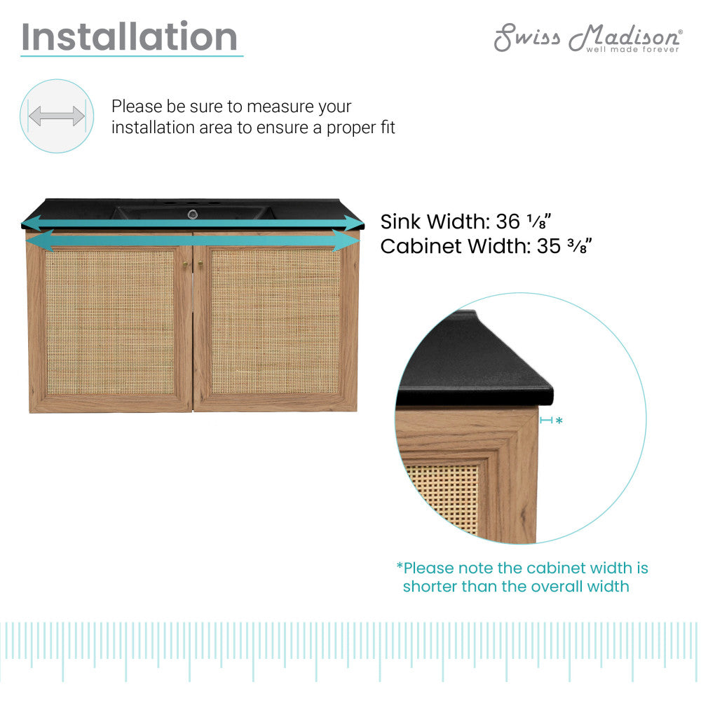 Classe 36 in. Brown Oak Wall Hung Bathroom Vanity With Black, 3-Hole Ceramic Sink Top