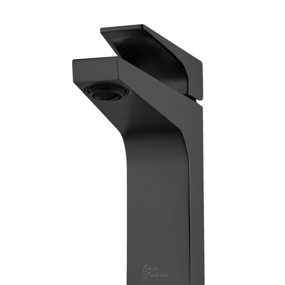 Single-handle bathroom faucet in matte black, Voltaire collection, modern square spout design.