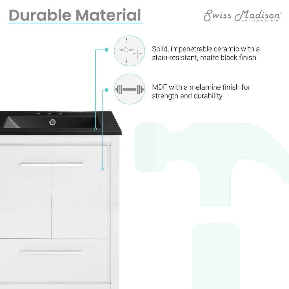 Virage 24 in. White Bathroom Vanity With Black, 3-Hole Ceramic Sink Top