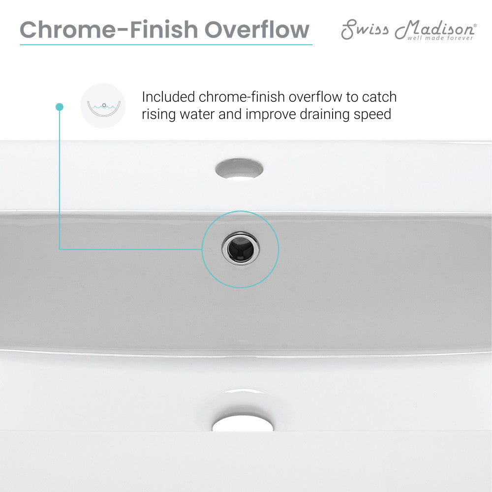 24-inch freestanding white bathroom vanity with single sink and chrome-finish overflow drain.