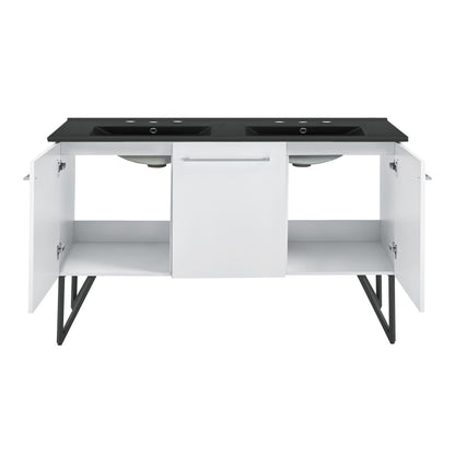 Annecy 60 in. White, Double Basin Bathroom Vanity With Black, 3-Hole Artificial Stone Sink Top