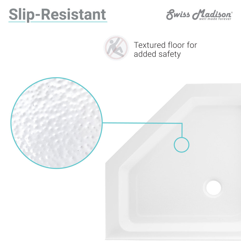 36" x 36" neo-angle acrylic shower base in white with center drain and slip-resistant textured floor.