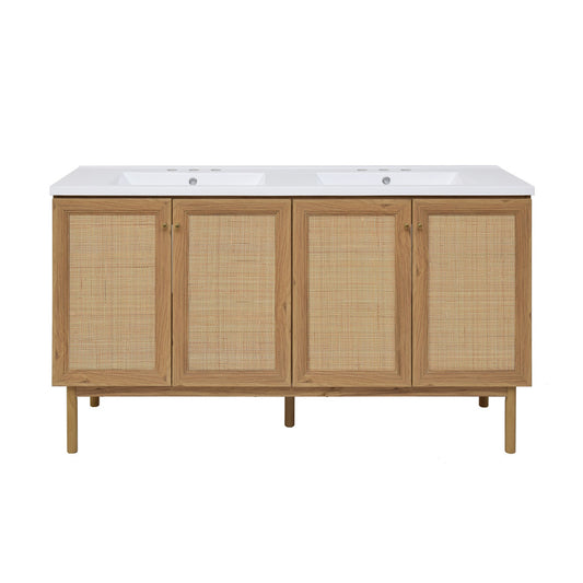 Classe 60" Freestanding Bathroom Vanity in Golden Oak with 3-Hole Widespread Double Basin Sink Top