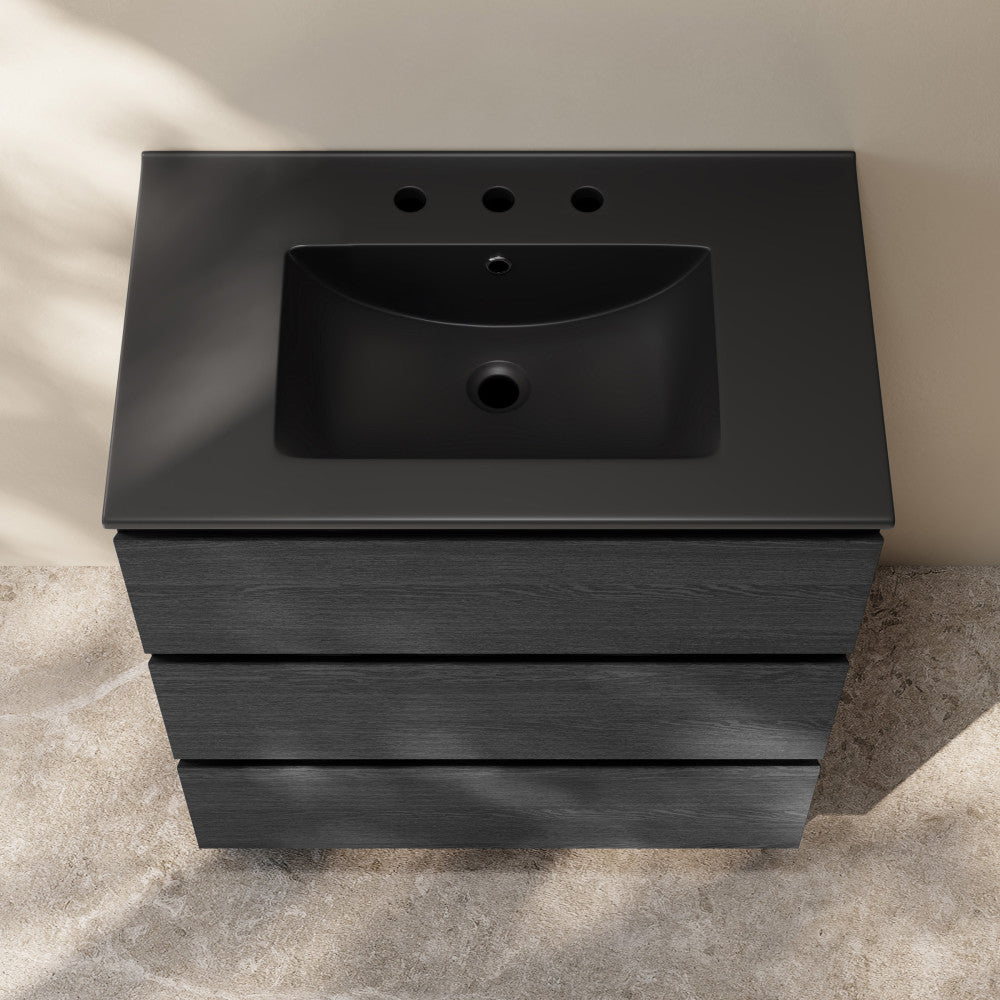 Liberte 30" Freestanding Bathroom Vanity in Black Oak with Black 3-Hole Widespread Sink Top