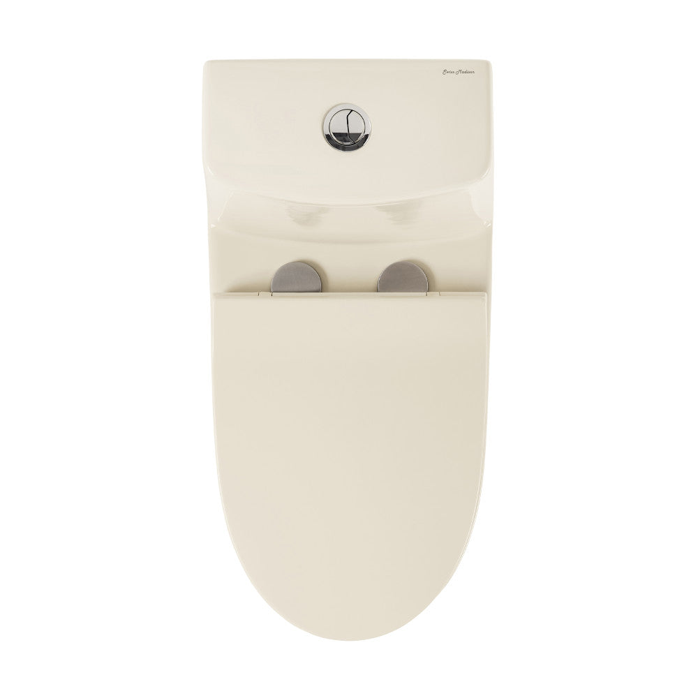 Elongated one-piece toilet in bisque with dual vortex flush and chrome push button.