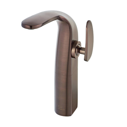 Single-handle high arc bathroom faucet in oil rubbed bronze, sleek curved spout design.