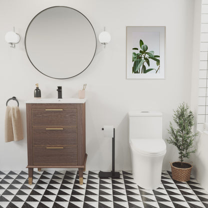Elongated one-piece toilet with dual flush, white ceramic, modern design in bathroom setting.