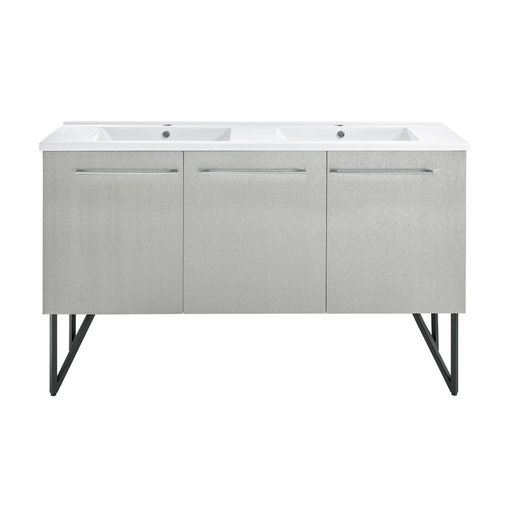60-inch freestanding gray bathroom vanity with double sink, soft-close doors, and metal legs.