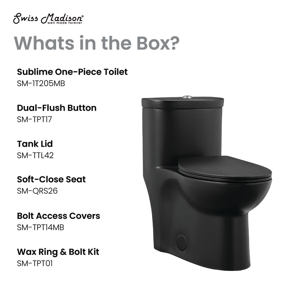 Elongated one-piece toilet in matte black with dual-flush button and soft-close seat.