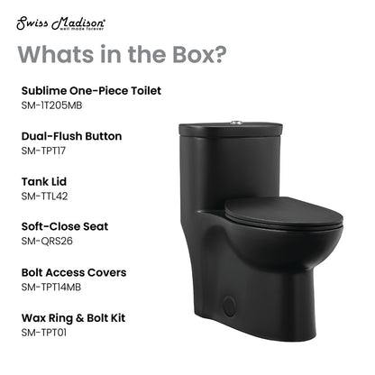 Elongated one-piece toilet in matte black with dual-flush button and soft-close seat.