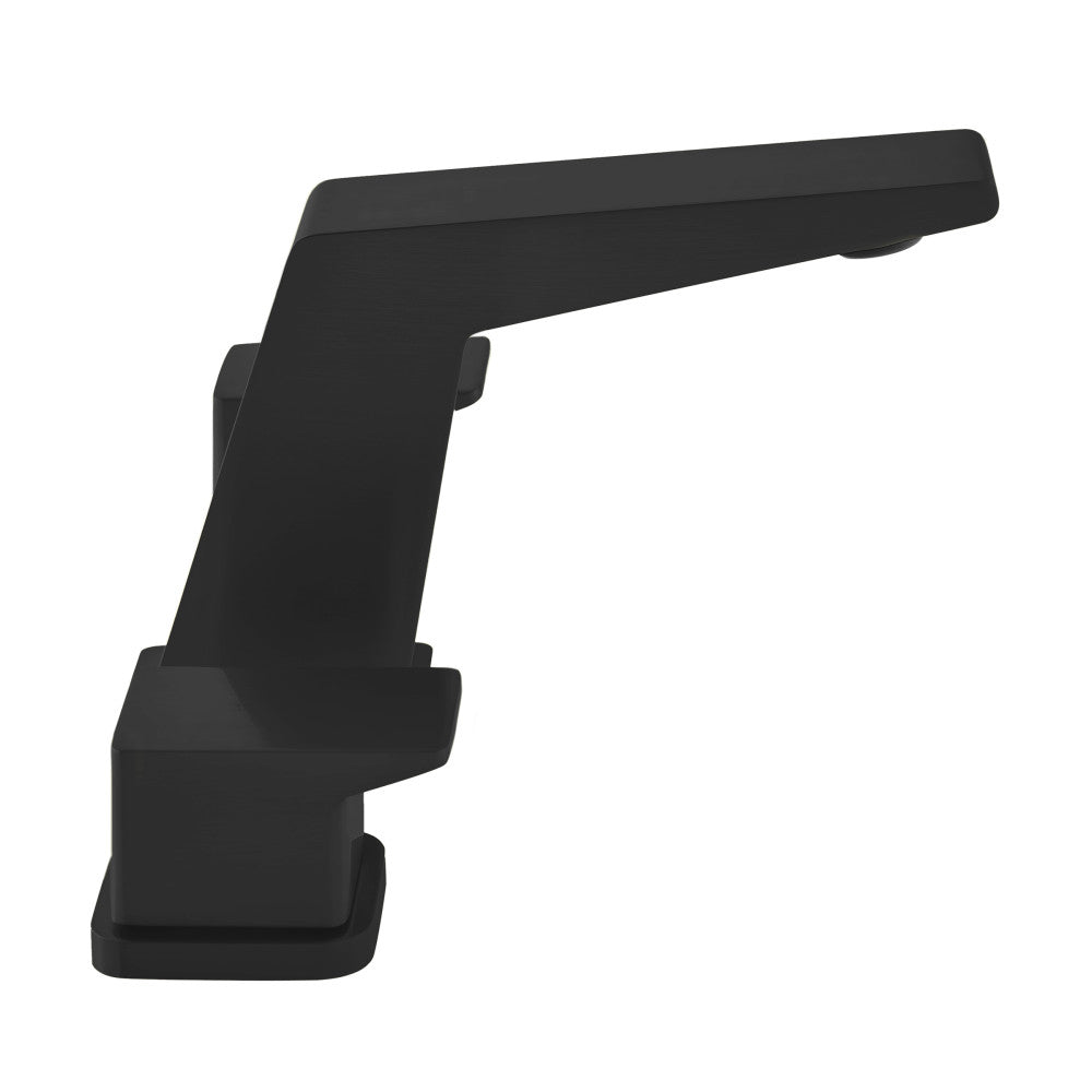 Widespread bathroom faucet in matte black with two handles and angular geometric design.