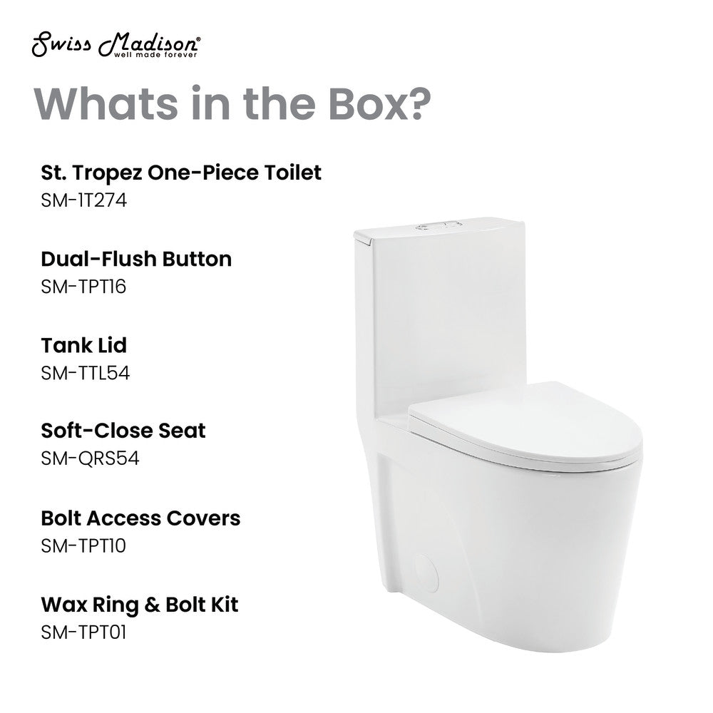 Elongated one-piece white toilet with dual flush and soft-close seat, 10" rough-in.