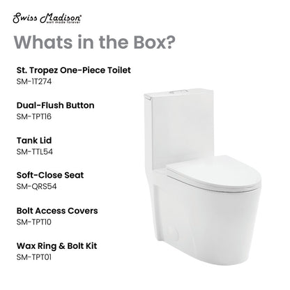 Elongated one-piece white toilet with dual flush and soft-close seat, 10" rough-in.