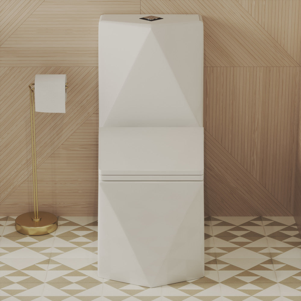 Elongated one-piece square toilet with dual-flush, modern geometric design, compact profile.