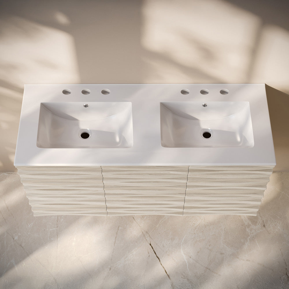 Cascade 48" Wall-Mounted Bathroom Vanity in White Oak with 3-Hole Centerset Double Basin Sink Top