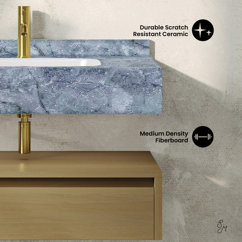 Avancer 36" Wall-Mounted Bathroom Vanity in Natural Oak with Blue Celeste Sink Top