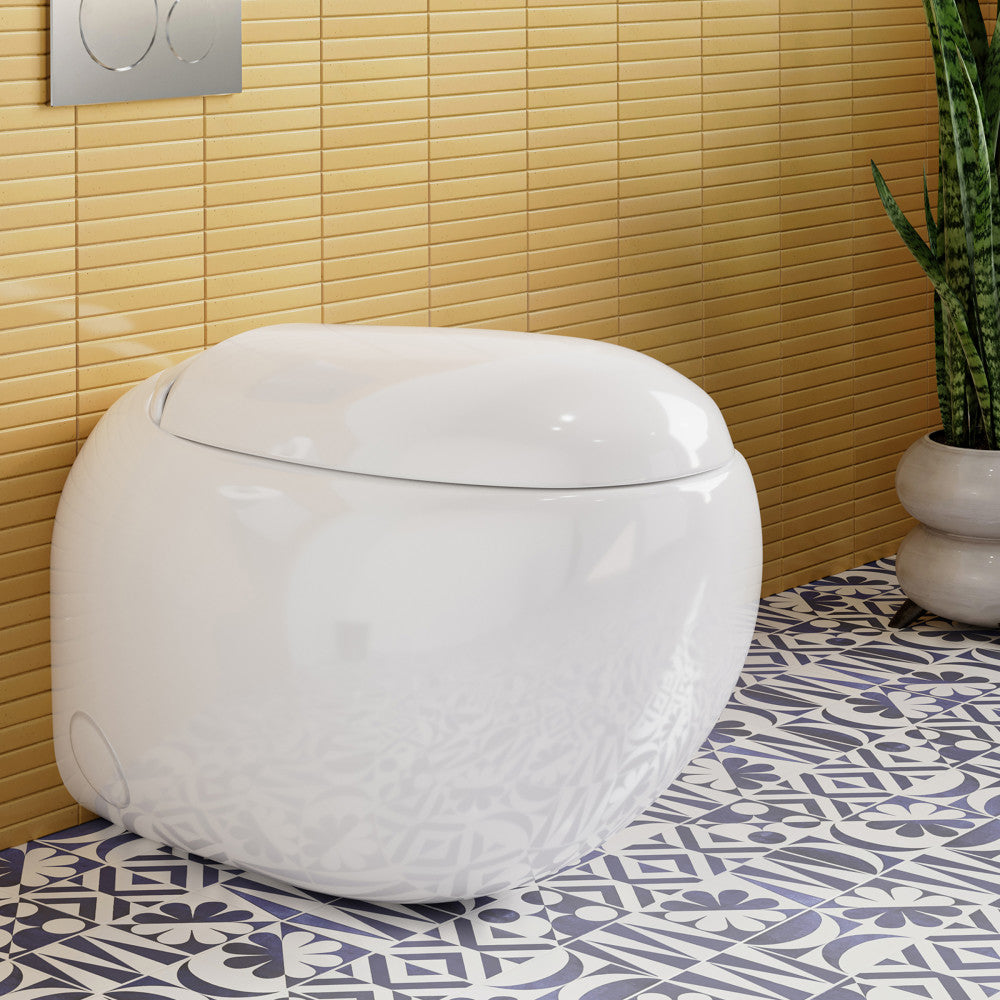Round bowl back-to-wall toilet with soft-close seat in white ceramic.