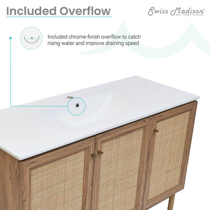 48-inch freestanding bathroom vanity in golden oak with single sink and white countertop.