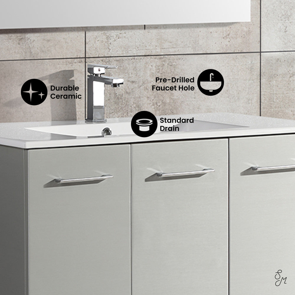 36-inch freestanding gray bathroom vanity with single sink and soft-close doors.