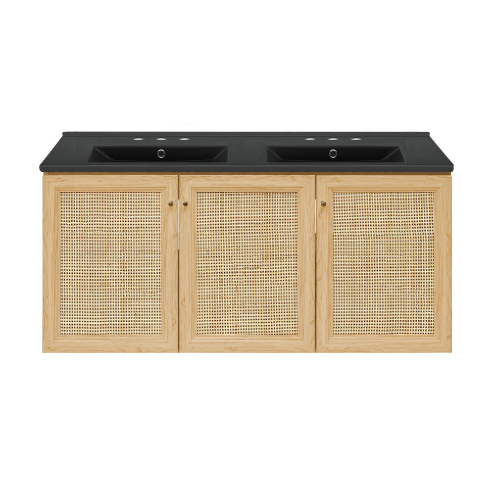Classe 48" Wall-Mounted Bathroom Vanity in Natural Oak with Black 3-Hole Widespread Double Basin Sink Top
