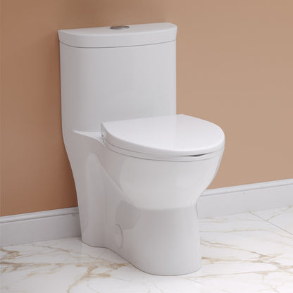 Elongated one-piece white toilet with touchless dual flush, soft-close seat, and skirted trapway.
