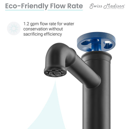Single-handle bathroom faucet in matte black with blue wheel handle and curved spout.